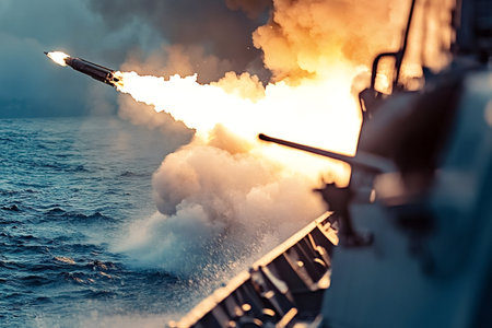 Modern warship launching missile from the ocean with dramatic smoke and fire at sunset, demonstrating naval military power and defense readinessの写真素材