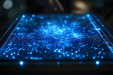 Complex data analysis and processing are visualized on a futuristic hologram, representing advanced technology and innovation in a dark, high-tech environmentの写真素材