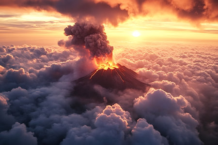 Volcano erupting above the clouds at sunset, creating a stunning scenery with lava, smoke and ash, a...