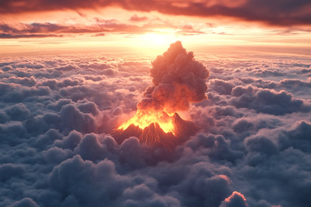 Volcano erupting above clouds at sunset creating a dramatic scene with smoke and lava, concept of...