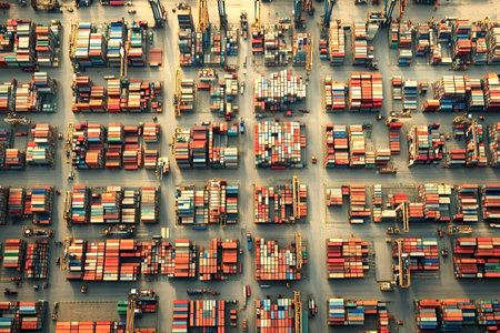 Colorful cargo containers neatly arranged at a logistics hub form an abstract, geometric pattern when viewed from above, showcasing the scale and organization of global tradeの写真素材