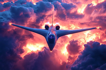 Futuristic supersonic business jet flying high above dramatic sunset clouds during golden hour, illustrating concepts of luxury travel, speed, and cutting-edge technologyの写真素材
