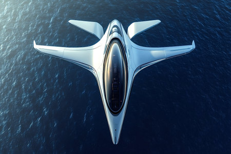 Sleek and futuristic aircraft flying over a vast expanse of deep blue ocean, embodying the future of...
