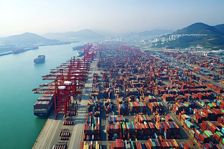 Many colorful cargo containers are stacked at a busy port terminal, with cargo ships loading and unloading goods, representing global trade and logisticsの写真素材