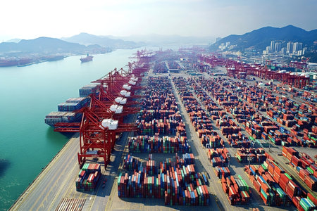 Cargo are ships docking and unloading at a busy port, with colorful shipping containers stacked high...