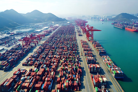 Cargo cranes are loading and unloading colorful shipping containers at a busy commercial port,...