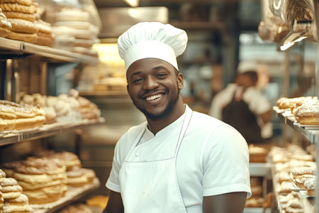 Cheerful baker in a white uniform and apron smiling proudly among shelves of freshly baked bread and pastries, reflecting the delicious results of hard work and passionの素材