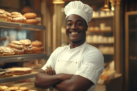 Portrait of a cheerful African American baker smiling with arms crossed, proudly standing in his bakery shop, showcasing shelves full of freshly baked goodsの素材