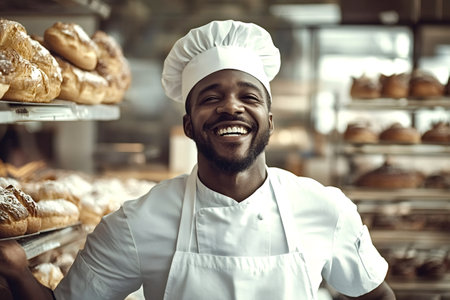 Portrait of a cheerful African American baker wearing a white uniform and toque, smiling in his bakery full of freshly baked bread and pastriesの素材
