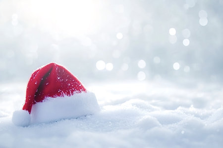 Bright red santa claus hat lying on snow covered ground with blurred white background and bokeh effect creates a festive christmas atmosphere with copy spaceの写真素材