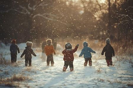 Group of kindergarten students walking together in a snowy field at sunset, surrounded by light...