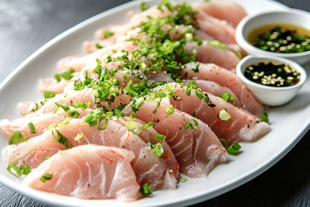 Thinly sliced sashimi arranged on a white plate, garnished with fresh spring onions and accompanied...