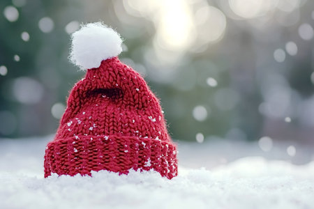 Red woolen santa claus hat adorned with a fluffy white pompom, blanketed in snowflakes, set against a softly blurred winter forest backdrop during a serene snowfallの写真素材