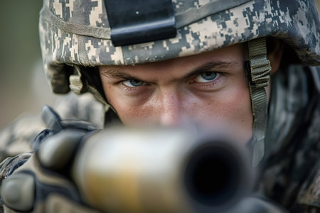 Soldier wearing camouflage uniform and helmet focuses intently while aiming a rocket launcher during a military training exercise, demonstrating precision and readinessの写真素材
