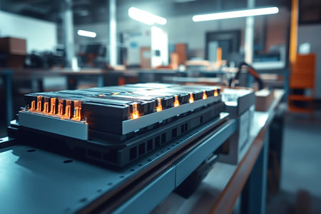Close-up of an electric vehicle battery pack being assembled on an assembly line, showing the...