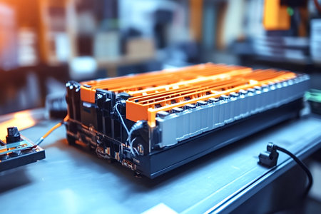 Close-up view of an electric vehicle battery pack undergoing testing in a laboratory setting,...