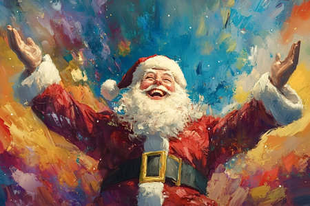 Santa claus, depicted in a vibrant, impasto painting style, joyfully throws his arms wide open amidst a swirl of colorful brushstrokes and festive snowflakes, embodying the Christmas spiritの素材