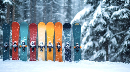Many colorful skis are standing in the snow with snowy pine trees in the background during snowfall, creating a vibrant winter sports sceneの素材