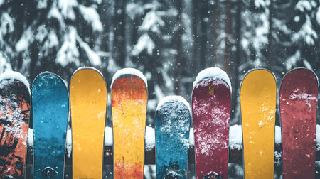 Colorful snowboards leaning against a wooden fence create a vibrant scene while snowflakes gently falling in a serene mountain forest, embodying the essence of winter recreationの素材