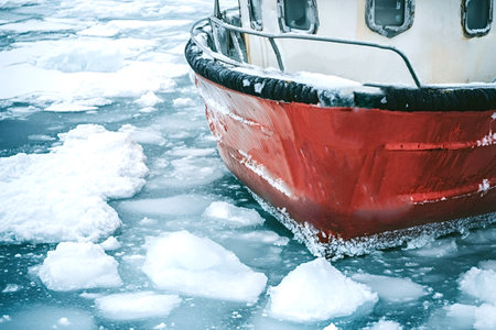 Red fishing boat navigating through a frozen sea, surrounded by ice floes, enduring the harsh winter conditions of a polar region, showcasing resilience and adventure in icy watersの素材
