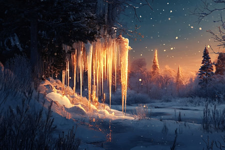 Snow is gently falling at sunset on a beautiful winter landscape with glowing golden icicles hanging from a snow-covered tree branch over a frozen riverの写真素材