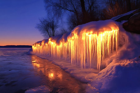 Glowing icicles hanging from a snow-covered shoreline create a mesmerizing display, capturing the enchanting hues of orange, yellow, and blue as the sun sets over a serene winter landscapeの写真素材