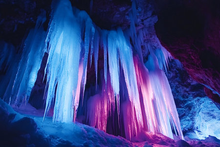 Illuminated ice stalactites glowing in vibrant pink and blue light hang from the ceiling of a dark, frozen cave, creating an enchanting and magical atmosphere within the icy landscapeの写真素材
