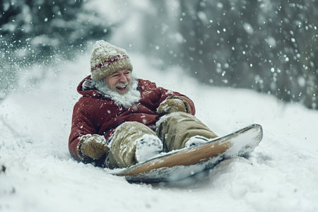 Happy senior man with white beard and warm winter clothes is sledding down a snowy hill, enjoying winter wonderland and having fun in the snow, during a beautiful snowfallの素材