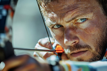 Professional archer with intense focus aiming his bow and arrow at the target, demonstrating precision and determination in an outdoor archery competitionの素材