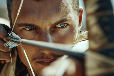 Close-up of an archer aiming intently with bow and arrow, eyes locked on the target, showcasing determination and precision in every focused movement, embodying the spirit of the huntの素材