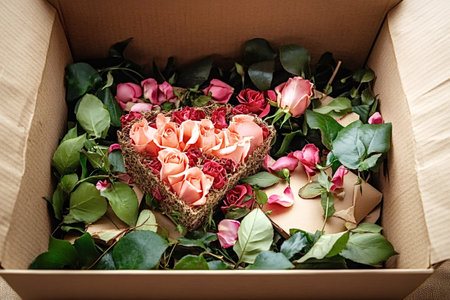 Peach and pink roses arranged in a heart shape within a cardboard box, surrounded by green leaves and petals, creating a romantic and thoughtful valentine's day giftの素材