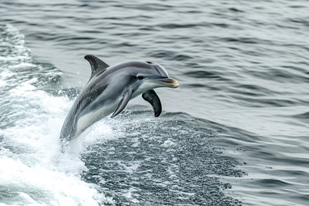 Dusky dolphin jumping and creating splashes in the ocean during a sunny day, showcasing its playful nature and the beauty of marine wildlifeの素材