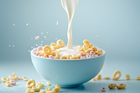 Milk is pouring into a light blue bowl of colorful cereal rings, creating a splash and some of the...