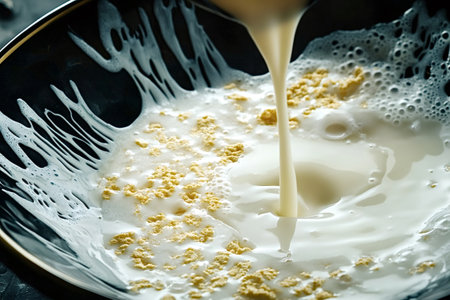 Milk is being poured into a bowl containing golden breadcrumbs, creating a mixture with foam and bubbles, suggesting a cooking or food preparation processの写真素材