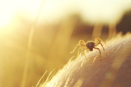Small spider is crawling on human skin with blurry golden background during golden hour, creating a captivating and slightly unsettling sceneの写真素材