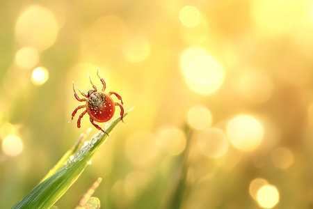 Close-up of a tick waiting on a blade of grass with dew drops, illuminated by the golden light of...