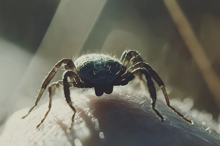 Close-up view of a tick on human skin, emphasizing the serious risks of lyme disease and other tick-borne illnesses, highlighting the importance of awareness and preventionの写真素材