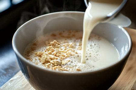 Pouring hot milk into a gray bowl filled with crunchy oat granola cereal on a wooden surface, creating a nutritious and delicious breakfast perfect for starting the day rightの写真素材
