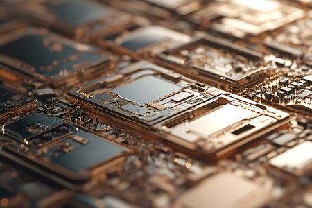 Close-up of golden computer chips creating a complex technological surface, symbolizing the...