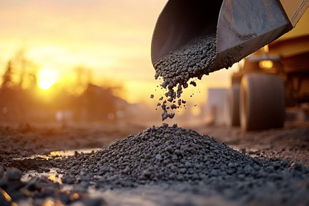 Excavator bucket pouring fresh concrete mix at sunset, forming a pile of gravel and cement on a...