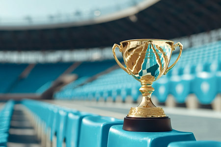 Golden trophy sits on a seat in an empty stadium, representing the culmination of hard work,...