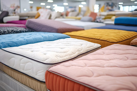 Variety of mattresses displayed in a furniture store, featuring diverse colors, textures, and materials for an appealing and informative shopping experienceの写真素材