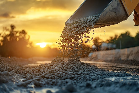 Excavator bucket pouring fresh concrete mix at sunset during road construction, creating a dynamic and vibrant scene with the setting sun illuminating the falling concreteの写真素材