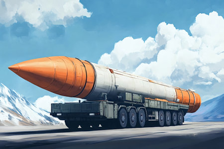 Intercontinental ballistic missile is being transported on a military truck, illustrating the concept of nuclear deterrence and global security threats in a remote, snowy mountain landscapeの写真素材