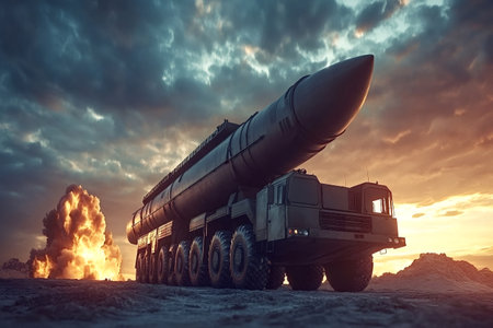 Intercontinental ballistic missile transporter erector launcher leaving a smoke plume at sunset, a powerful image symbolizing military power and nuclear deterrenceの写真素材