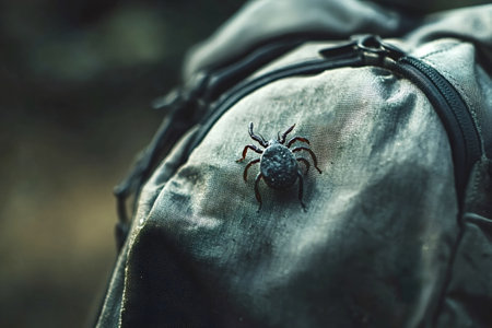 Tick is crawling on a backpack in nature, posing a risk of encephalitis, lyme disease, and other tick-borne illnesses, highlighting the importance of tick checks after outdoor activitiesの写真素材