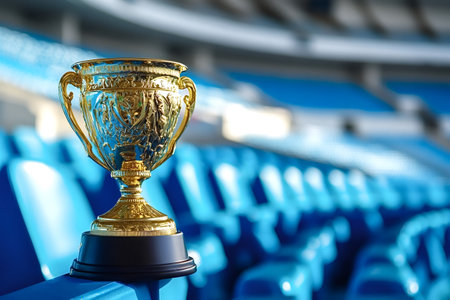 Golden trophy standing on a seat in an empty stadium, celebrating the victory of a sports team, creating a powerful image of success and achievementの写真素材