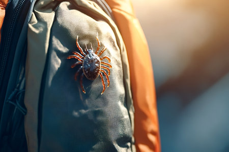 Sunlight illuminating engorged tick crawling on hiker's backpack, highlighting the risk of lyme disease and other tick-borne illnesses during outdoor adventuresの写真素材