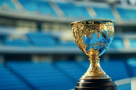 Golden trophy displayed in an empty stadium, celebrating a remarkable victory and embodying the...