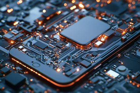 Illuminated electronic circuitry and components glowing on a cpu in a close-up shot, revealing the...